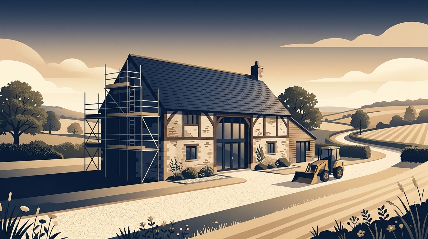 Illustration of a countryside barn being converted into a home